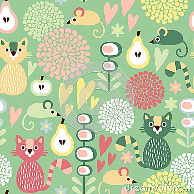 Cute colorful cartoon seamless floral pattern with animals cat and mouse Stock Photo