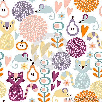 Cute colorful cartoon seamless floral pattern wit Vector Illustration