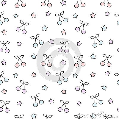 Cute colorful cherries and stars seamless pattern background illustration Vector Illustration