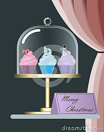 Cute colorful christmas cupcakes on a stand Vector Illustration