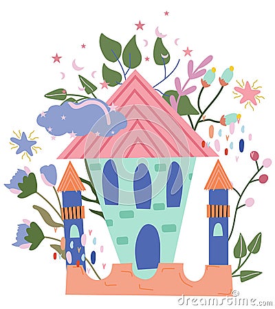 Cute colorful composition with cartoon princess castle, cloud, star, flowers and leaves. Fantastic cute castle. Fairy Vector Illustration