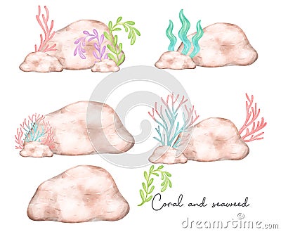 Cute colorful coral reef seaweed on rock stone pastel watercolor cartoon children hand painting illustration Vector Illustration
