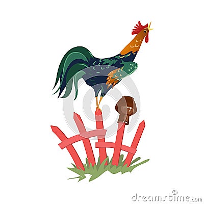 Cute colorful farm rooster stay on wood fence Vector Illustration
