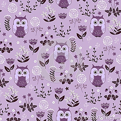 Cute colorful floral seamless pattern with owls Vector Illustration