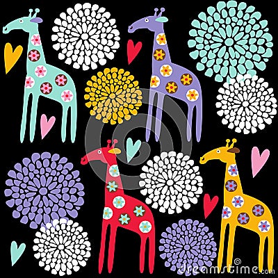 Cute colorful giraffe seamless pattern with flowers, illustration background Cartoon Illustration