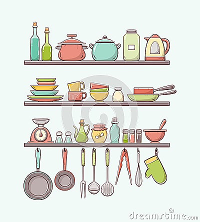 Cute colorful hand drawn kitchen shelves Vector Illustration