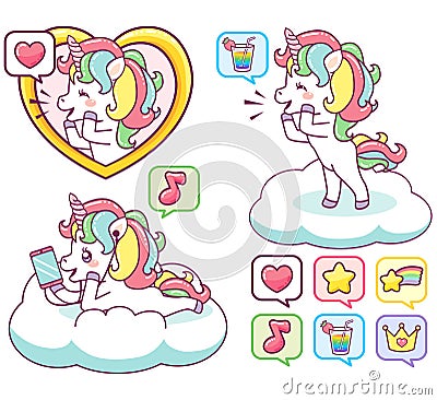 Cute, colorful, happy unicorns sending messages, listening to music Vector Illustration