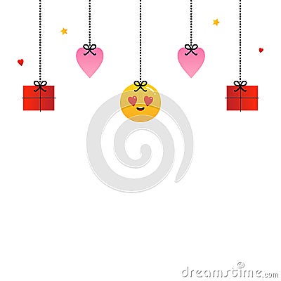 Cute and colorful hearts, emoji, gifts symbols hanging on ropes. Vector illustration, banner, header for Valentines Day design Vector Illustration