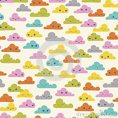 Cute colorful kawaii clouds seamless vector pattern Vector Illustration