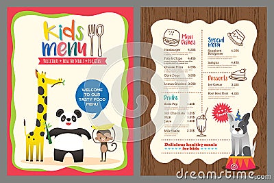 Cute colorful kids meal menu template with animals cartoon Vector Illustration