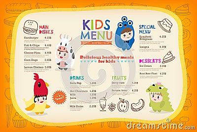 Cute colorful kids meal menu template Vector Illustration