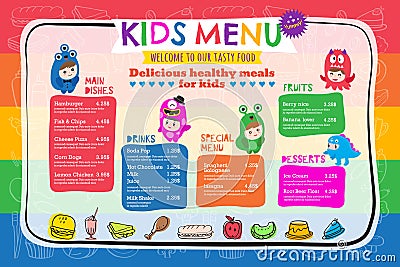 Cute colorful kids meal menu template Vector Illustration