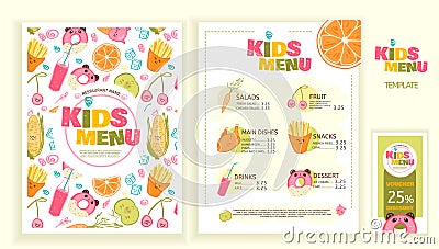 Cute colorful kids meal menu vector template Vector Illustration