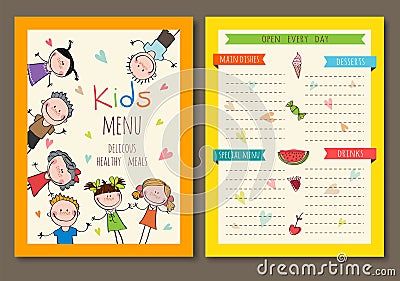 Cute colorful kids meal menu vector template Vector Illustration