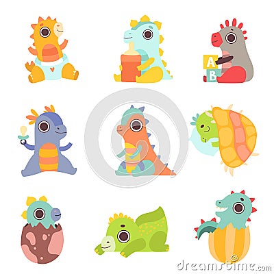 Cute Colorful Little Dinos Set, Adorable Newborn Dinosaurs Characters Vector Illustration Vector Illustration
