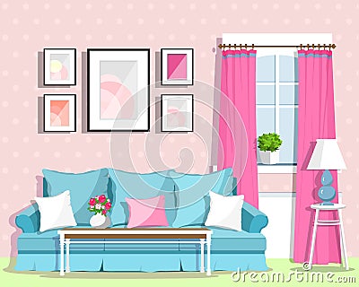 Cute colorful living room interior design with furniture. Retro style room. Vector Illustration