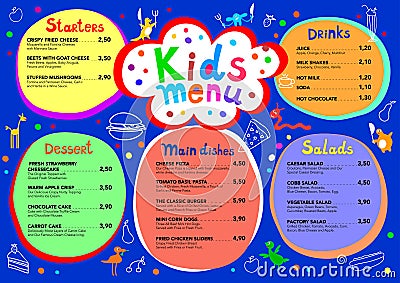 Cute colorful meal kids menu template with cute little monsters Vector Illustration