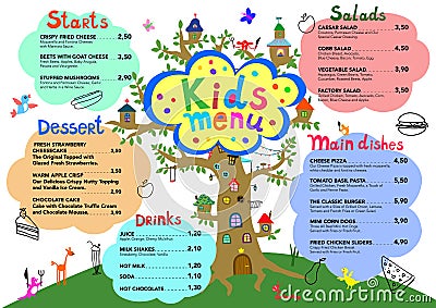 Cute colorful meal kids menu template with cute little monsters Vector Illustration