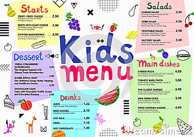 Cute colorful meal kids menu template with cute monsters, fruits, geometric elements. Vector Illustration