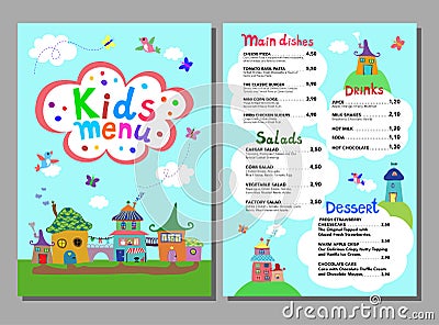 Cute colorful meal kids menu template. Vector Illustration