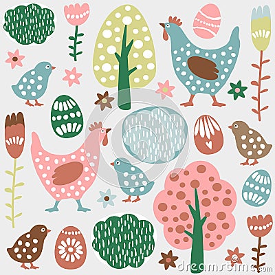 Cute colorful seamless easter spring pattern, eggs, hens Vector Illustration