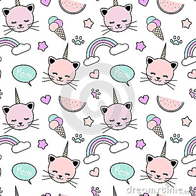 Cute colorful seamless pattern background illustration with unicorn cats, rainbow, speech bubble, ice cream, stars, hearts Vector Illustration