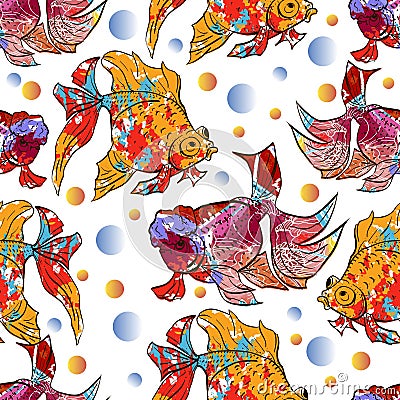 Cute colorful seamless pattern with calico goldfish and lionhead goldfish over white backgroud for textile or book covers, Vector Illustration