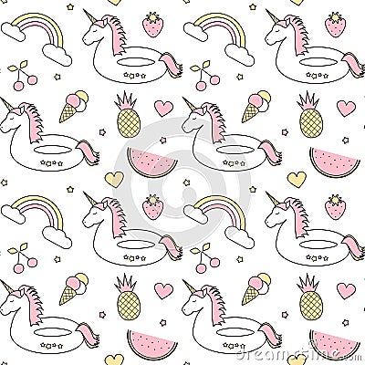 Cute colorful seamless vector pattern background illustration with float unicorn, rainbow, ice cream, pineapple, cherry, strawberr Vector Illustration