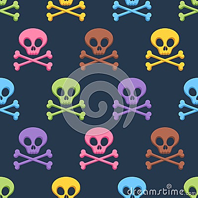 Cute colorful skulls and crossbones seamless pattern. Vector Illustration