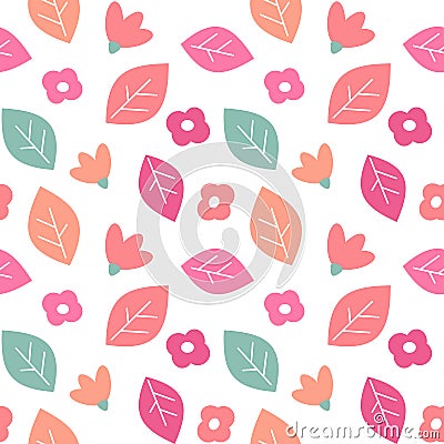 Cute colorful spring seamless vector pattern background illustration with leaves and flowers Vector Illustration