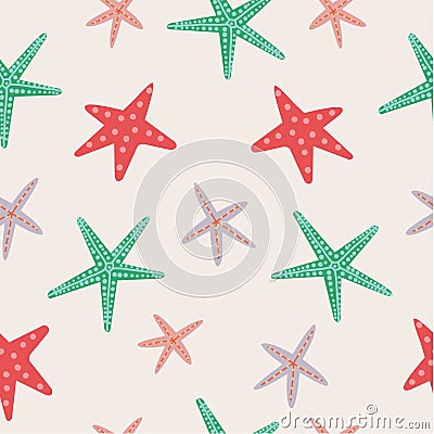 Cute colorful starfish hand drawn illustration seamless patterm on beige background Cartoon Illustration