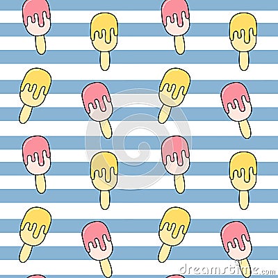 Cute colorful striped summer seamless vector pattern background illustration with ice cream Vector Illustration