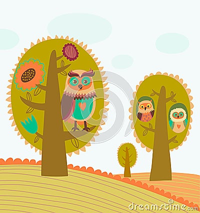 Cute colorful trees with owls Vector Illustration