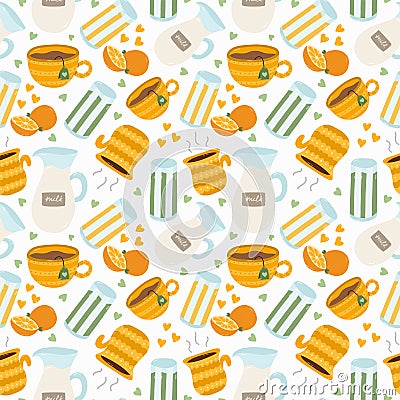Cute and colorful vector seamless hand drawn pattern with glass of squeezed orange juice, smoothie, coffee, tea and milk. Can be Vector Illustration