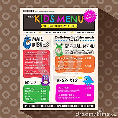 Cute colorful vibrant kids menu template in newspaper style Vector Illustration