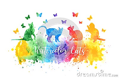 Cute colorful watercolor cat silhouettes playing with butterflies. rainbow vector watercolor splash eps 10 Vector Illustration