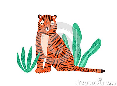 Cute colorful wild tiger vector flat illustration. Amusing predator animal sitting in tropical plant isolated on white Vector Illustration