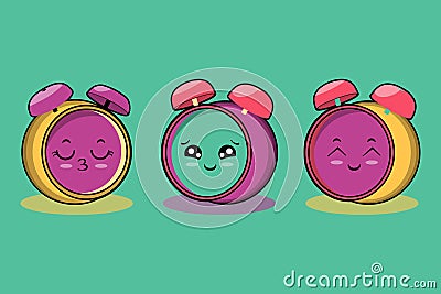Cute colorfull kawaii clock cartoon characters vector set Vector Illustration