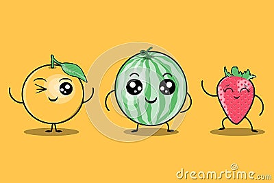 cute colorfull kawaii fruits cartoon characters vector set Vector Illustration