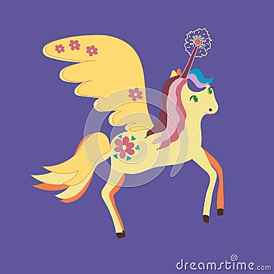 Fantasy colorful magic unicorn poster, greeting card, fabric, wallpaper, t-shirt. Miracle fairytale colorful unicorn Vector Illustration