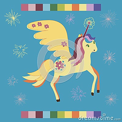 Cute colorfull magic unicorn with stars poster, greeting card, fabric, wallpaper, t-shirt. Miracle colorfull unicorn Vector Illustration