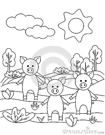 Cute coloring book with three funny piglets, sun, grass, trees. For the youngest children. Black sketch, simple shapes Vector Illustration