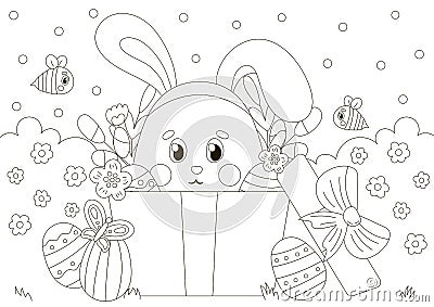 Cute coloring page for easter holidays with bunny character in gift box with flowers and bees in scandinavian style Vector Illustration