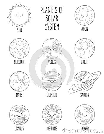 Cute coloring pages of smiling cartoon characters of planets of solar system. Childish background Vector Illustration