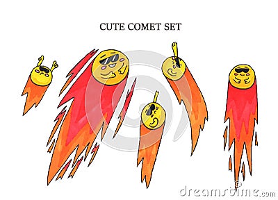 Cute comet set. Marker art for Cartoon Illustration