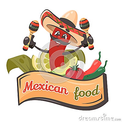Cute comic character red chilli pepper with vegetables and maracas. Mexican food. Doodle drawn vector illustration for dishes, Vector Illustration