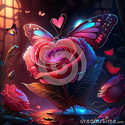 Cute Common Rose Butterfly hugging heart Romantic background with red rose, butterflies and hearts. Vector illustration. Cartoon Illustration