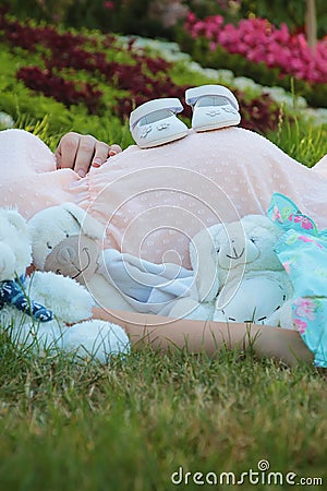 Cute composition with a pregnant young woman laying outdoors on the grass in the park surrounded by multiple baby stuffed toys and Stock Photo