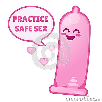 Cute condom say Practice safe sex. Contraception, sex education banner Vector Illustration