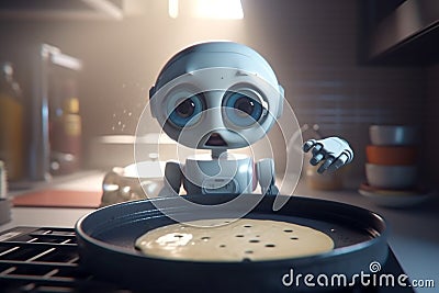 Cute confused robot trying to make breakfast, pancakes. Artificial intelligence and robotics development concept Stock Photo